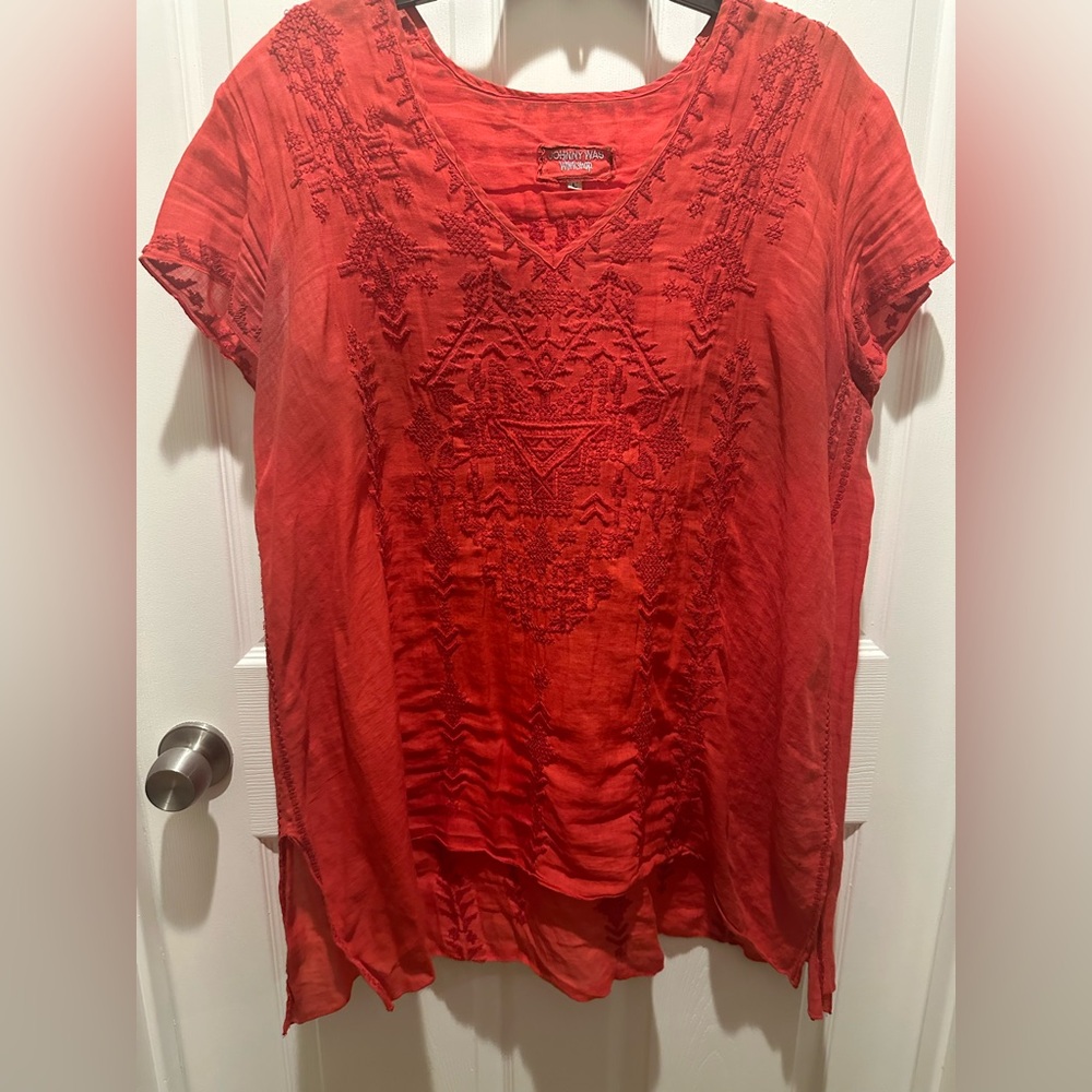 Johnny Was Women's Red Embroidered Linen Top